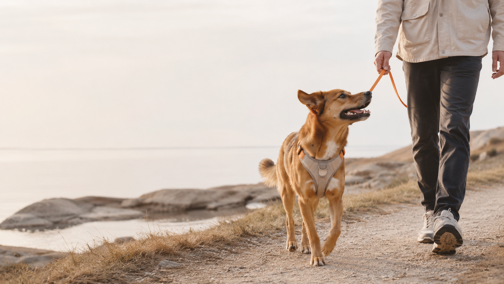 DogCatGo lifestyle hero image of a dog wearing a premium harness outdoors