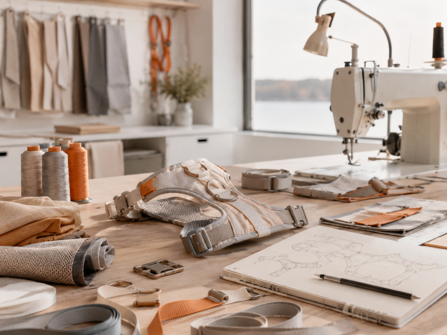 Manufacturing capability image with pet harness prototype, sewing machine, and materials